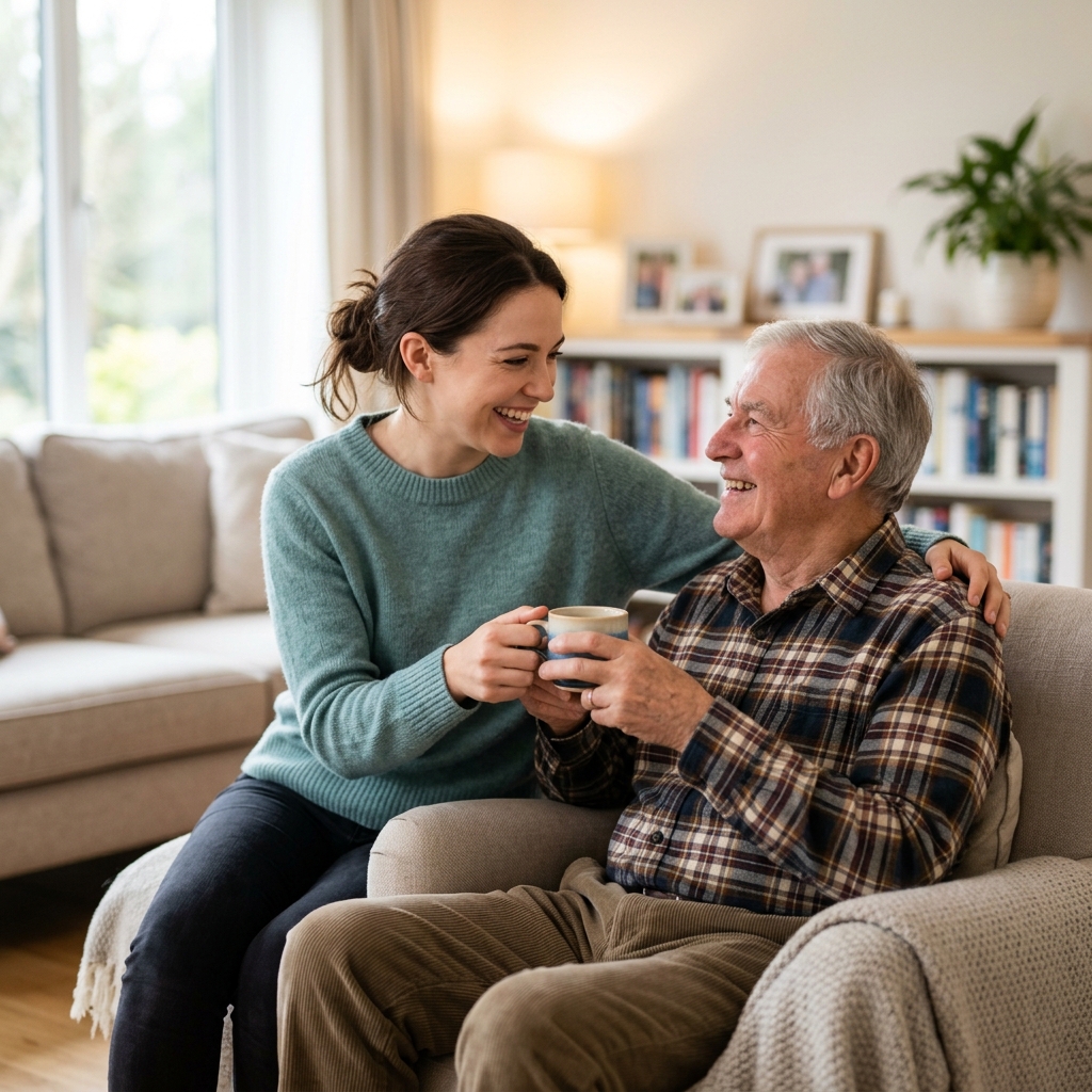 Compassionate Caregiver helping smiling elderly parent